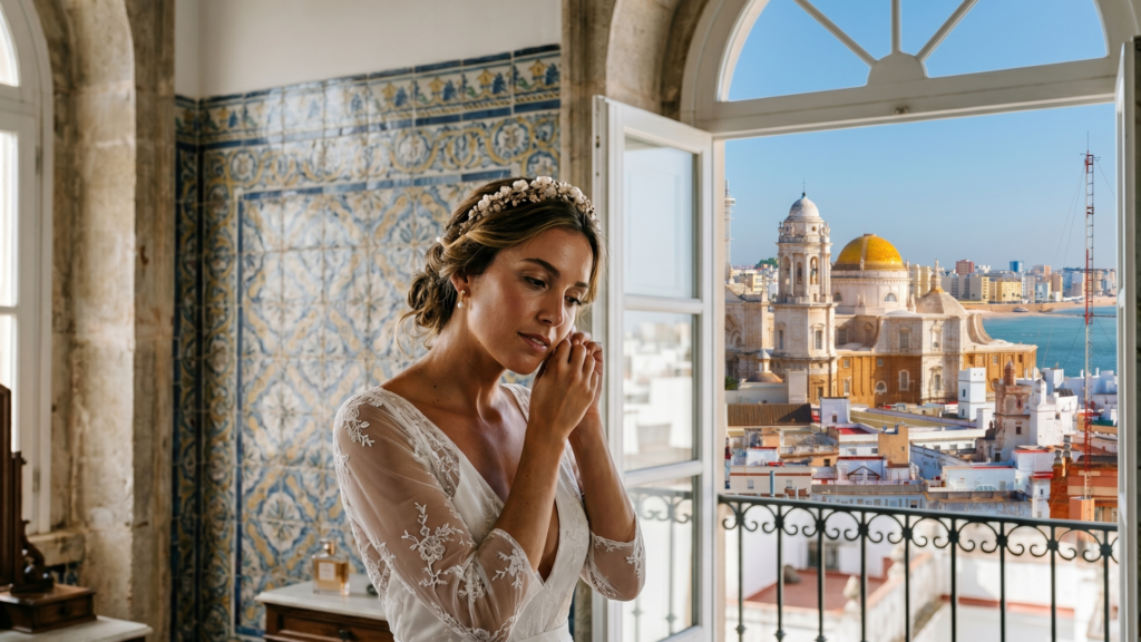 Novia arregandose para la boda despues de unos tratamientos faciales para novias en Cádiz Ancha Estética Cádiz