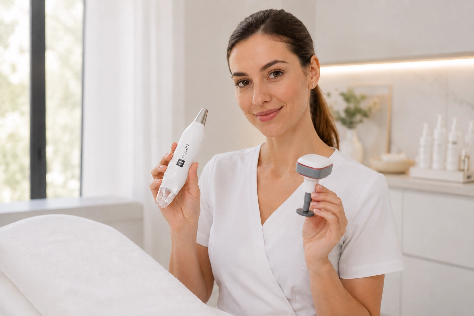 Mujer enseñando las dos maquinas LPG facial e Indiba facial Ancha Estética Cádiz