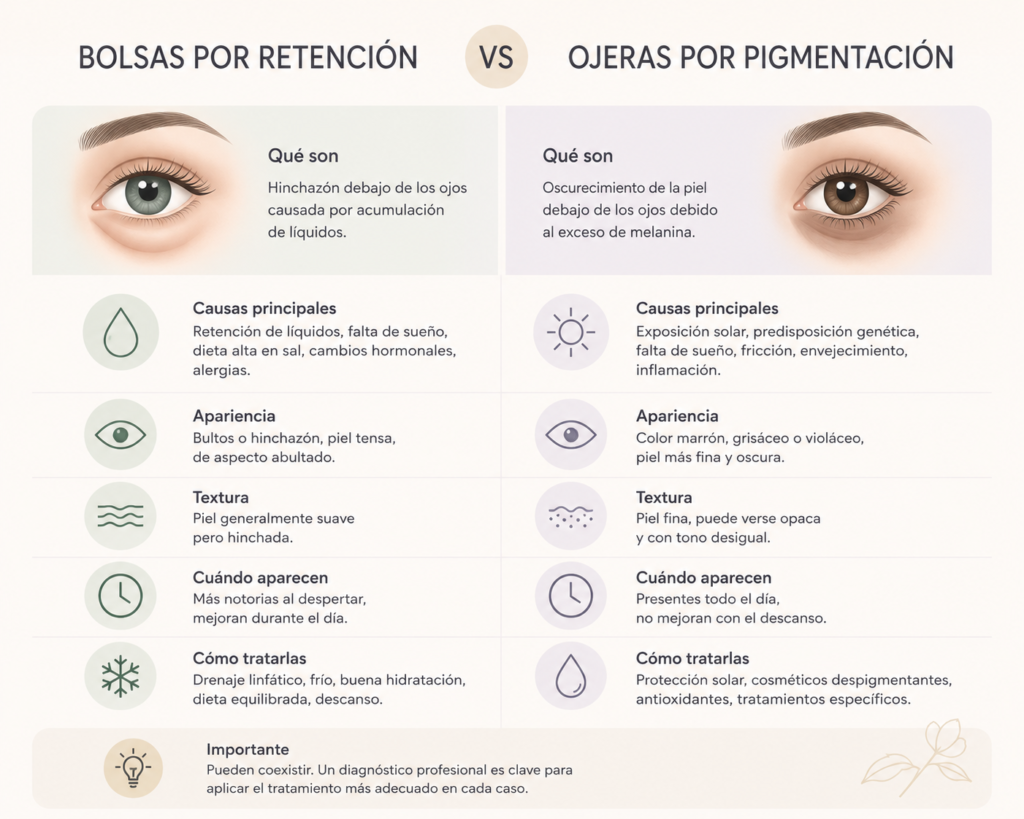 Infografía sobre el tipo de ojeras y que necesita presoterapia ocular Ancha Estética