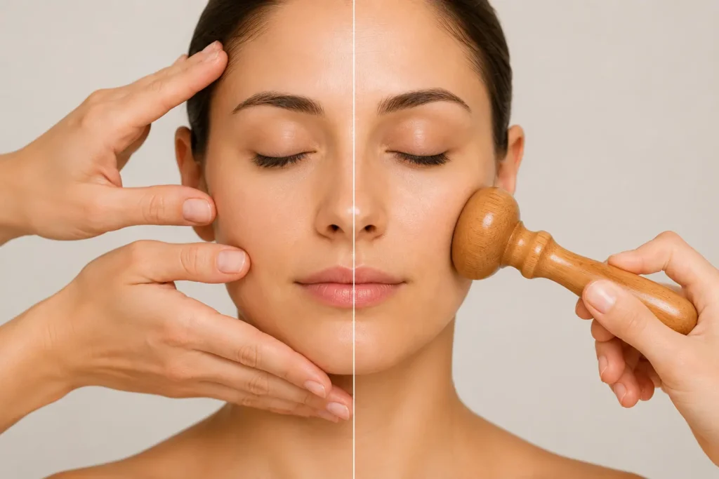 Mujer con los dos tratamientos de Maderoterapia facial o Kobido Ancha Estética
