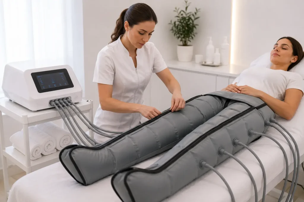 Profesional aplicando tratamiento presoterapia corporal Ancha Estética