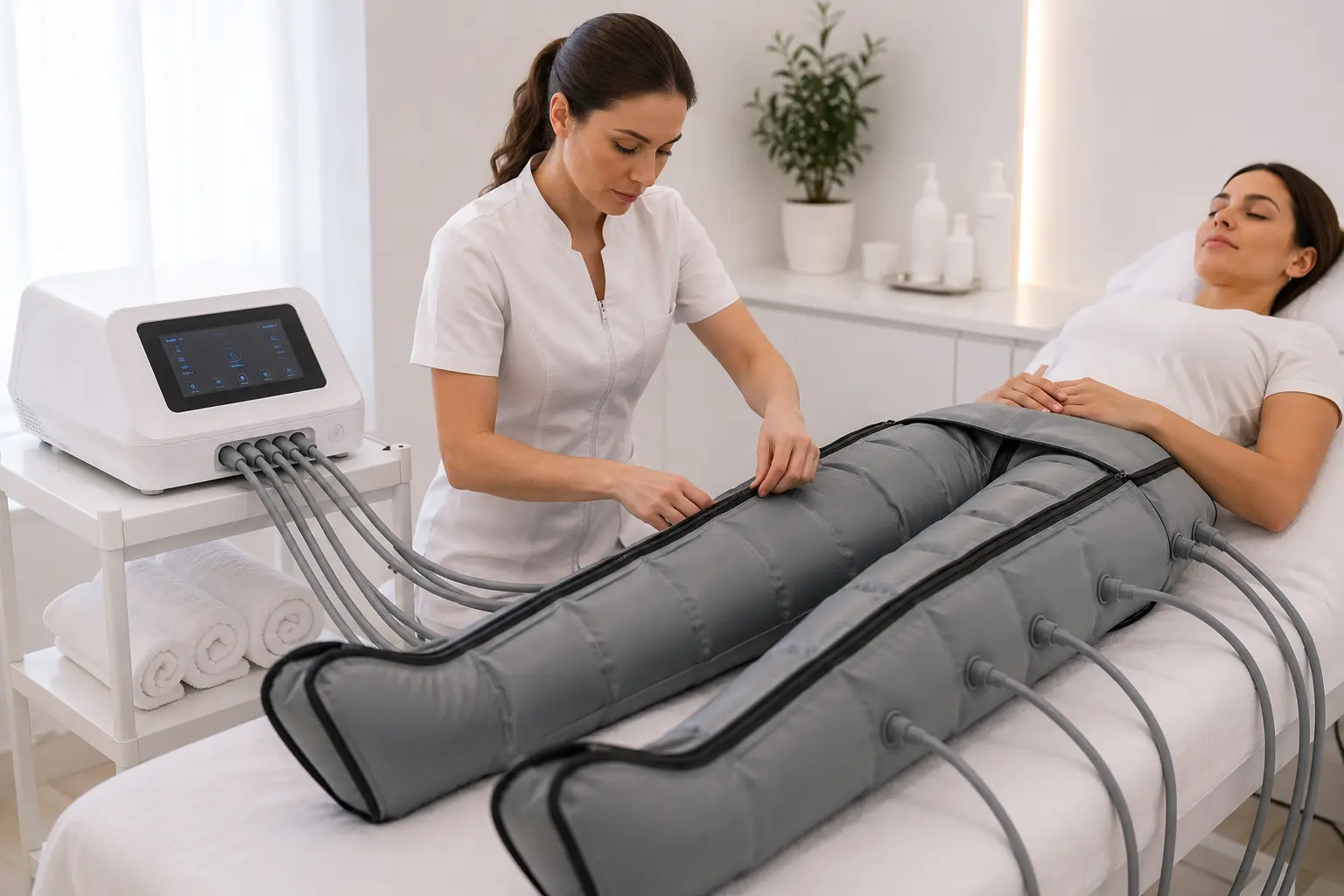 Profesional aplicando tratamiento presoterapia corporal Ancha Estética